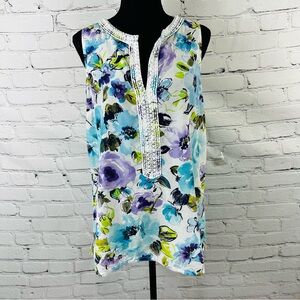 Tommy Bahama Floral Sleeveless Blouse - Blue, Purple, and Green Size M